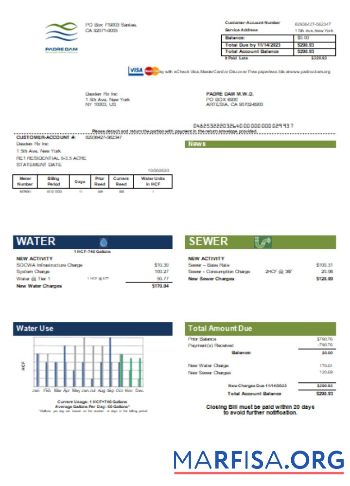 Downloadable Padre Dam Municipal Water District utility business bill, SCR download for verification